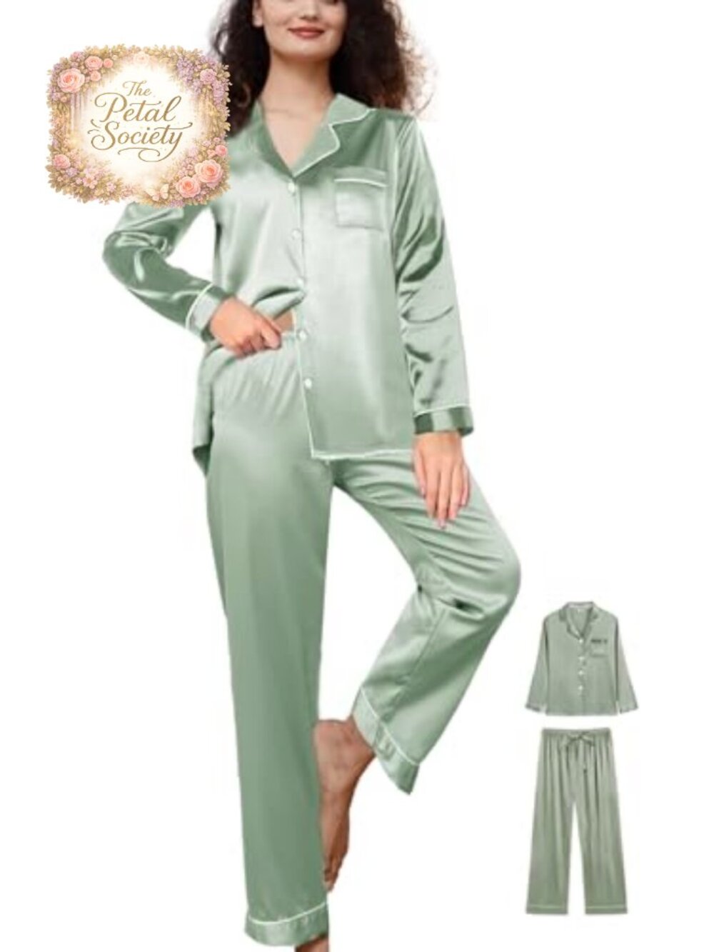 Satin Pajama Set 2pc Long Sleeve Notch Collar Lounge Sleepwear